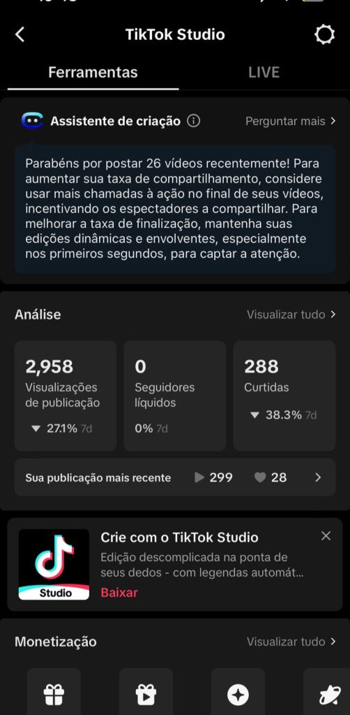 Exemplo de Analytics do TikTok - Imagem: Reprodução